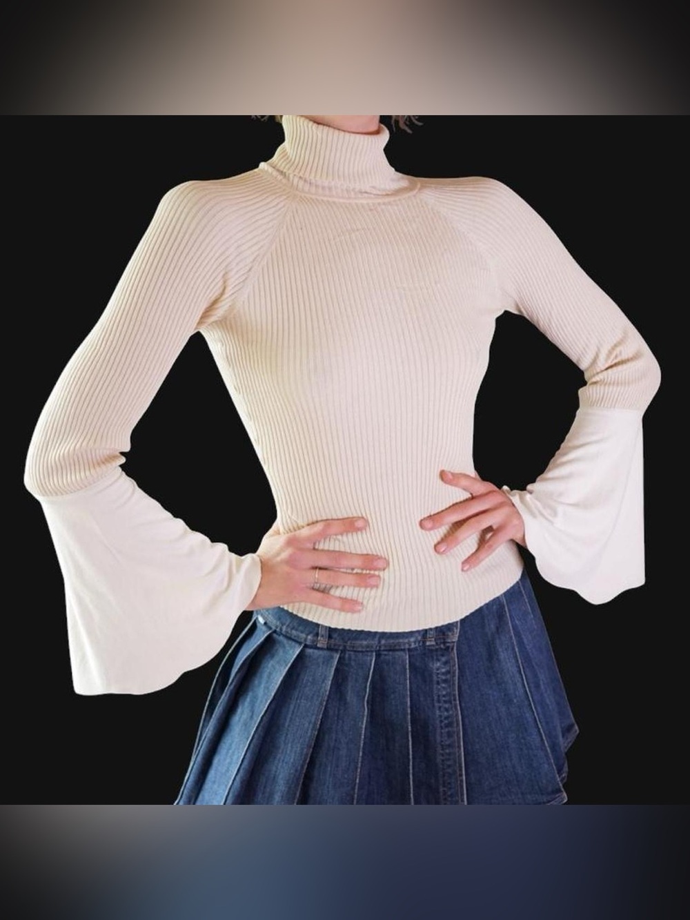 Bebe Cream Ribbed Silk Turtleneck Sweater with Bell Sleeves